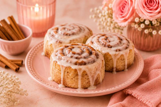 Iced cinnamon rolls on a pink plate