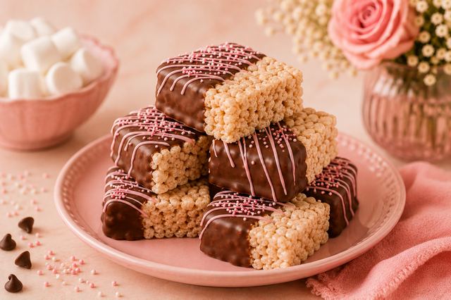 Chocolate covered rice krispie treats stacked on a plate
